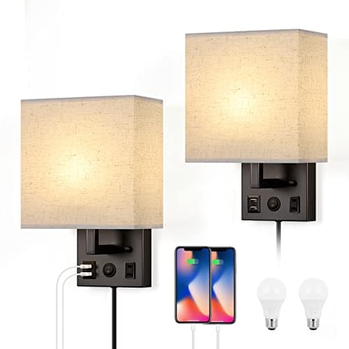 Vrisa Plug-In Wall Sconces Set of 2 with USB Ports, Black