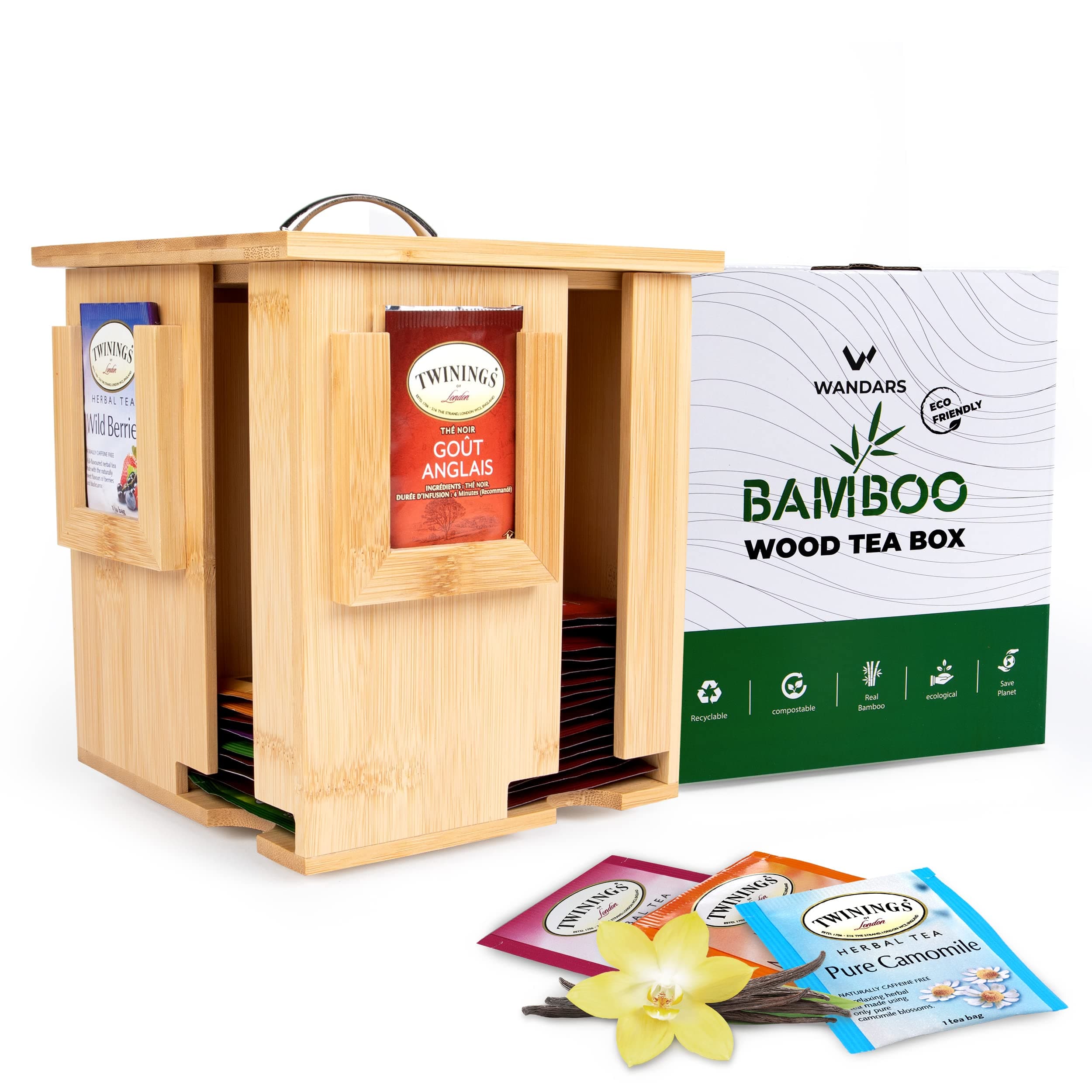 Wandars Bamboo Rotating Tea Organizer with Lid