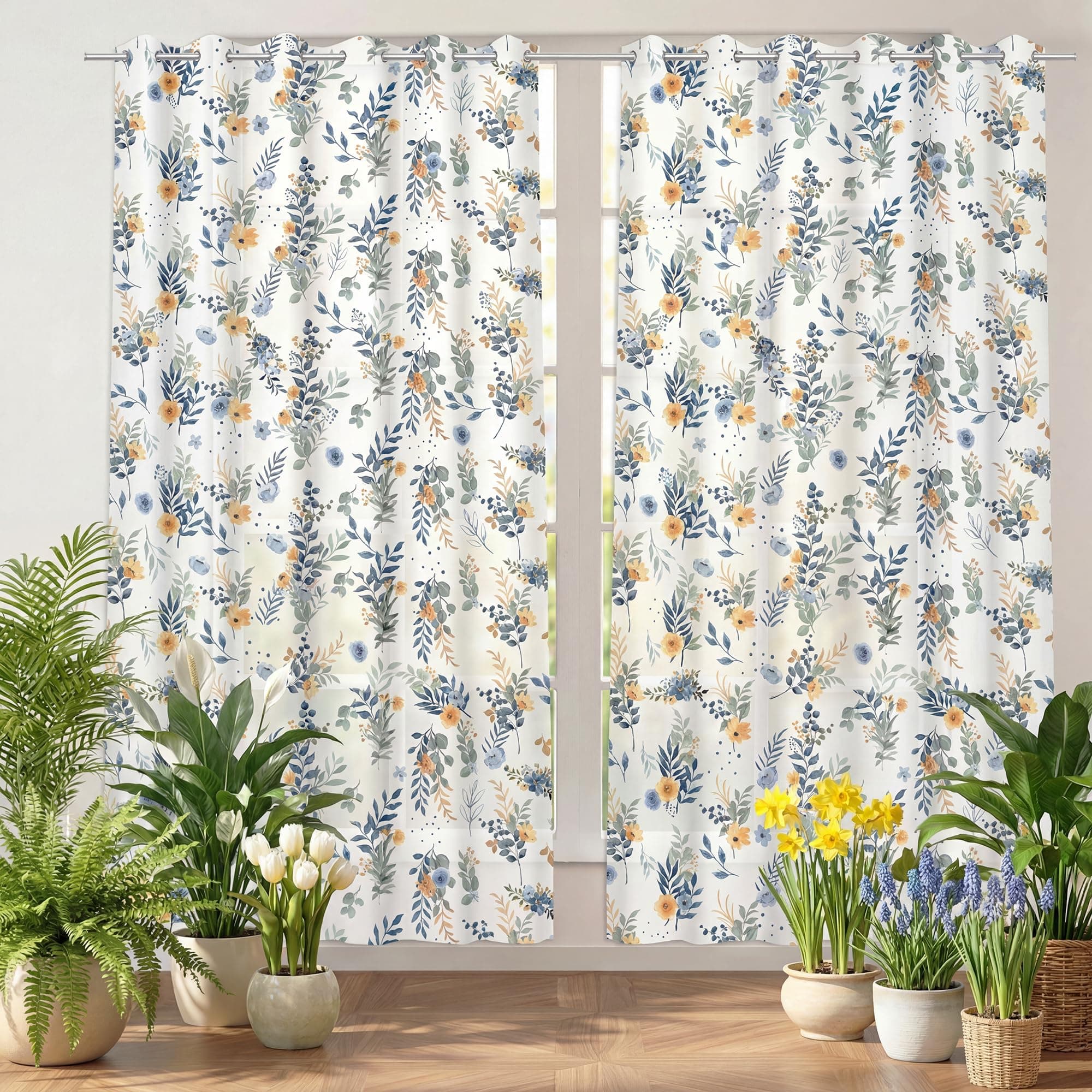 Semi Sheer Curtains Watercolor Country Flower Leaf Spring Floral 96 in Length 2 Panels