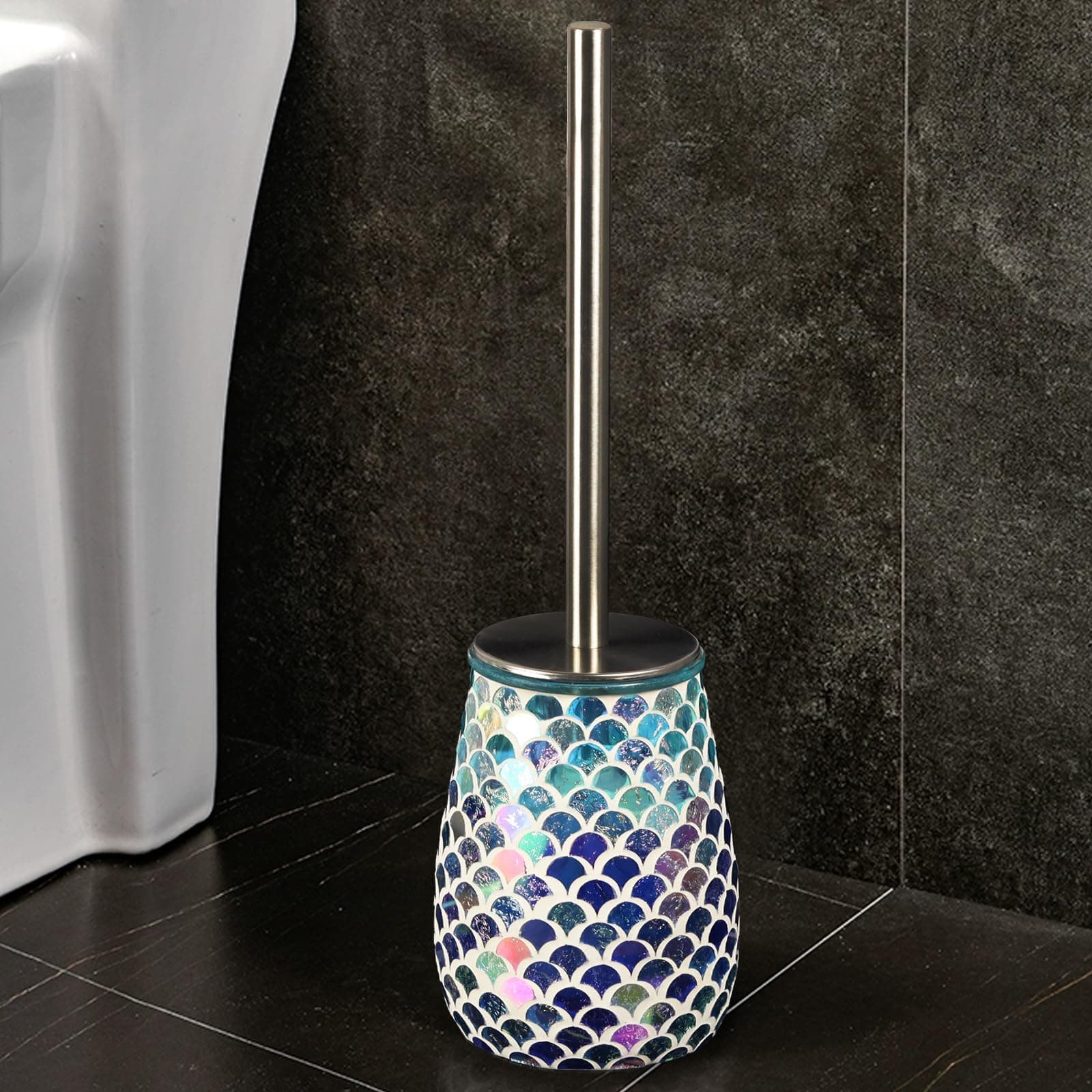 WDHODEC Mosaic Glass Toilet Brush and Holder Set
