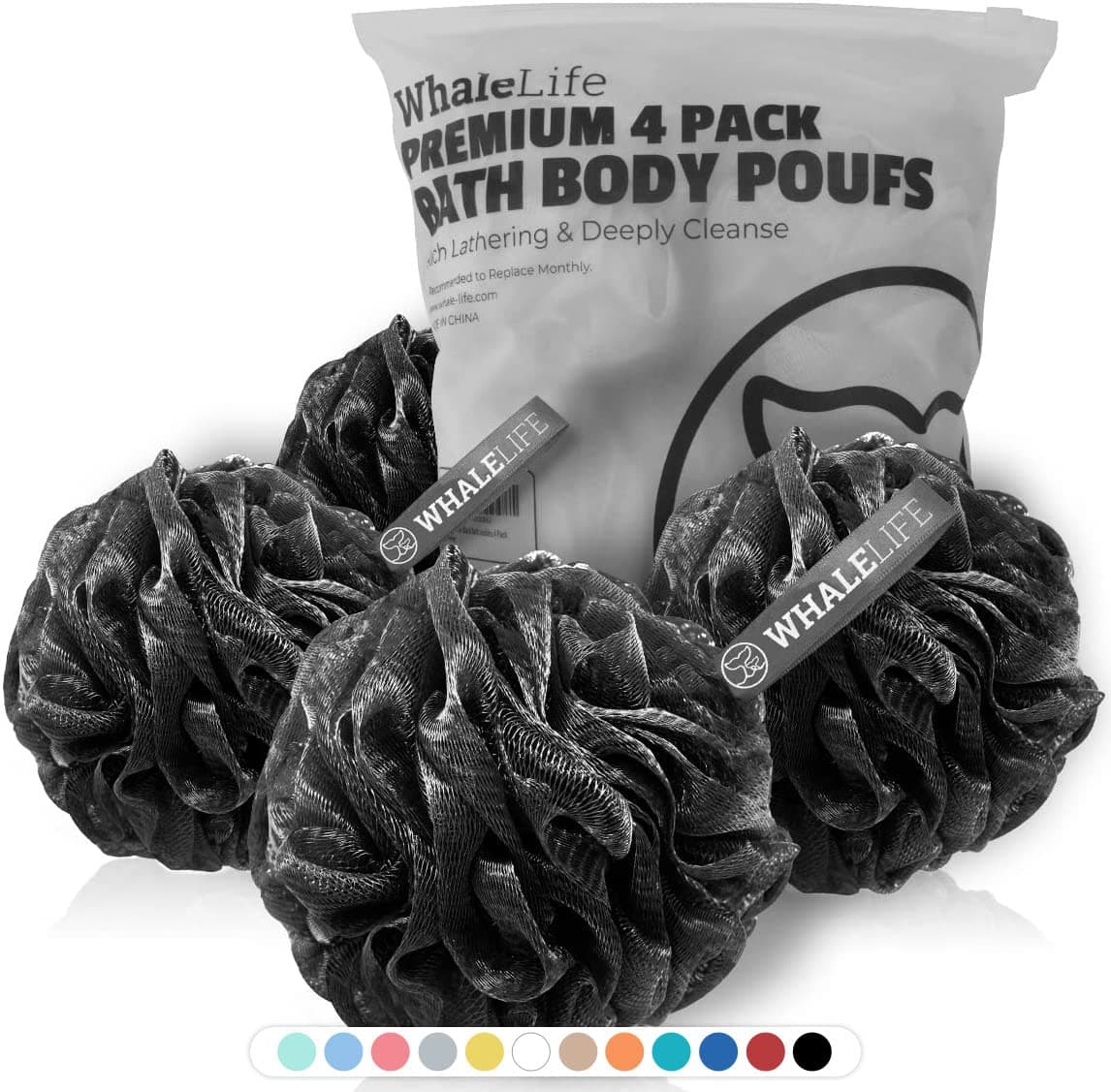 WhaleLife Loofah Bath Sponges Black 4-Pack