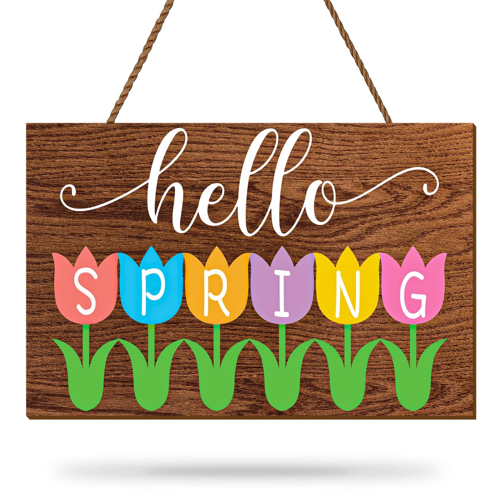 Whaline Hello Spring Wooden Hanging Sign, Tulip Floral
