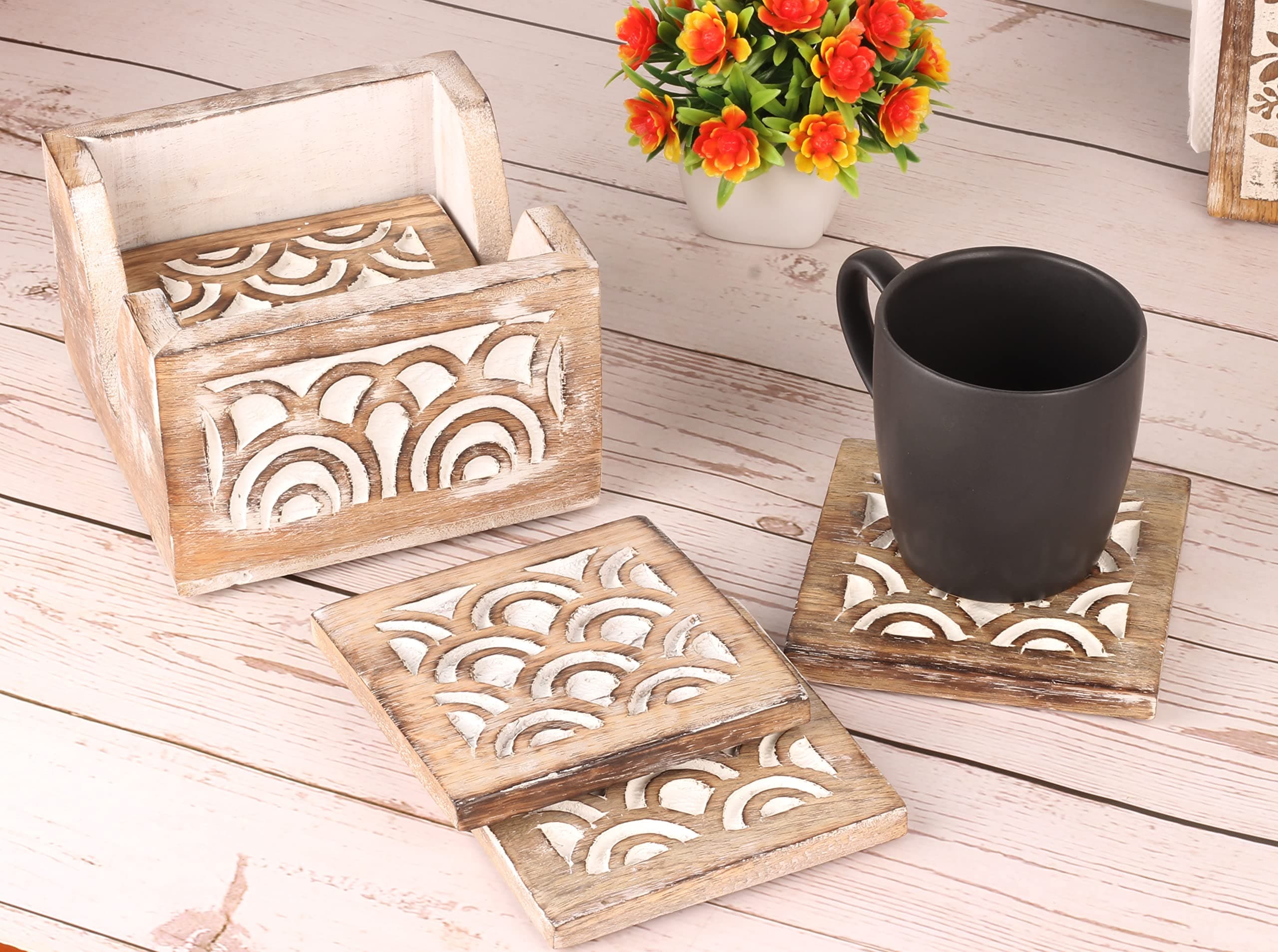 Whitewash Wooden Coasters Set of 6 with Holder