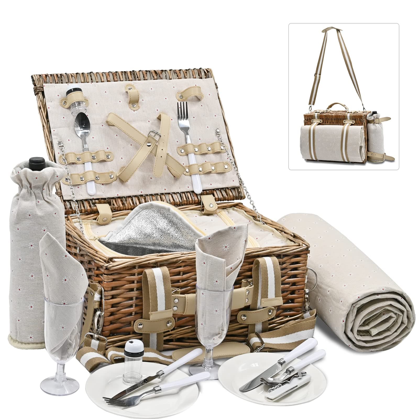 Willow Picnic Basket Set for 2 with Large Insulated Cooler Bottom