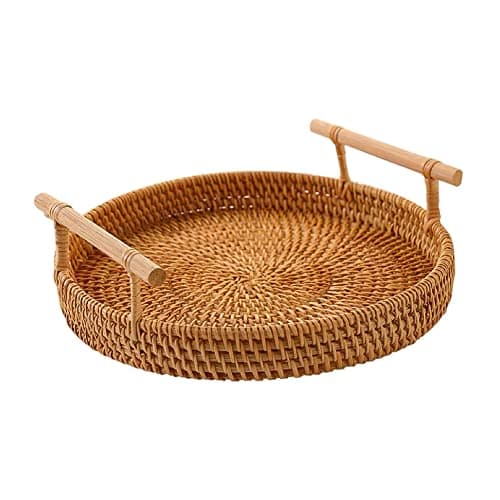 Woven Rattan Round Tray with Handles Boho Decor