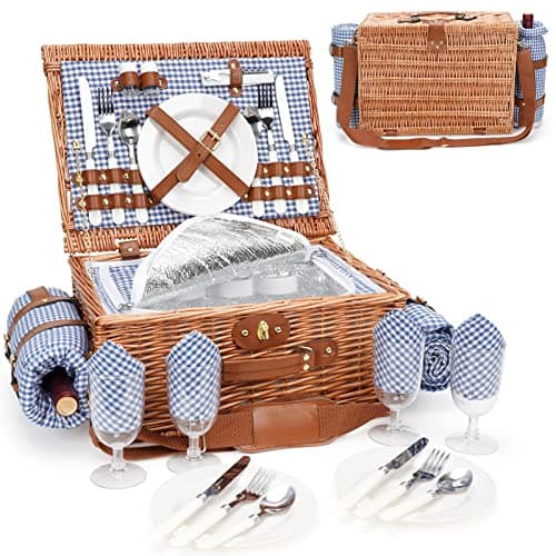 Picnic Hamper Set with Wine Glasses and Rose Wine Sleeve
