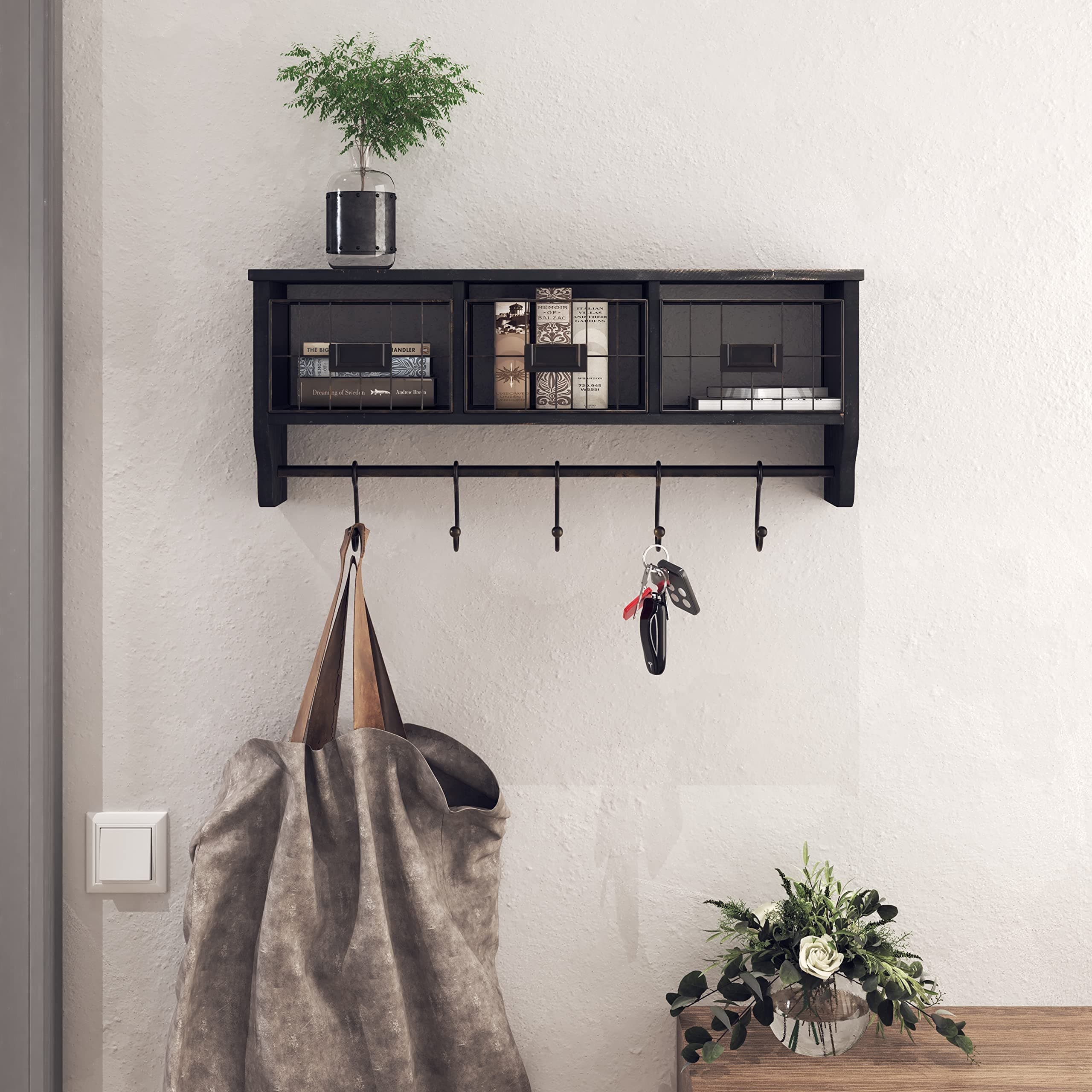 Kakivan Entryway Wall Shelf with Wire Basket and Hooks
