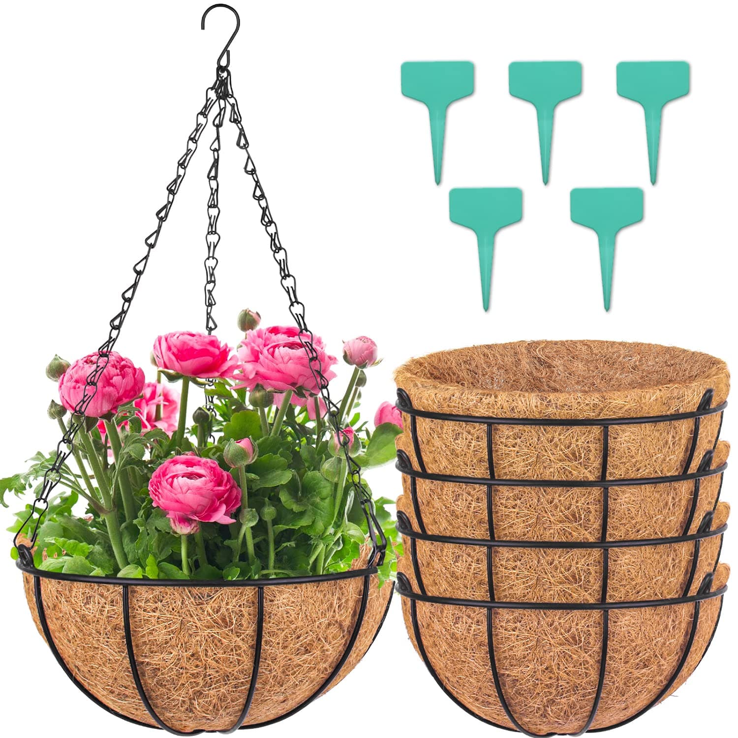 Wizdar 5-Pack Metal Hanging Planter Basket with Coco Liner