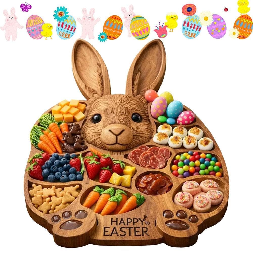 Wooden Bunny Shaped Serving Platter with Divided Compartments