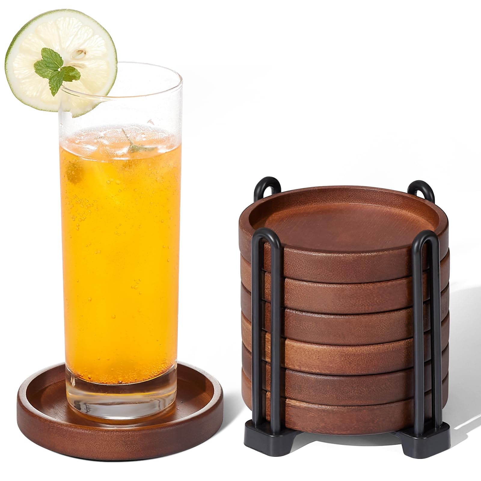 Set of 6 Wooden Coffee Table Coasters with Holder
