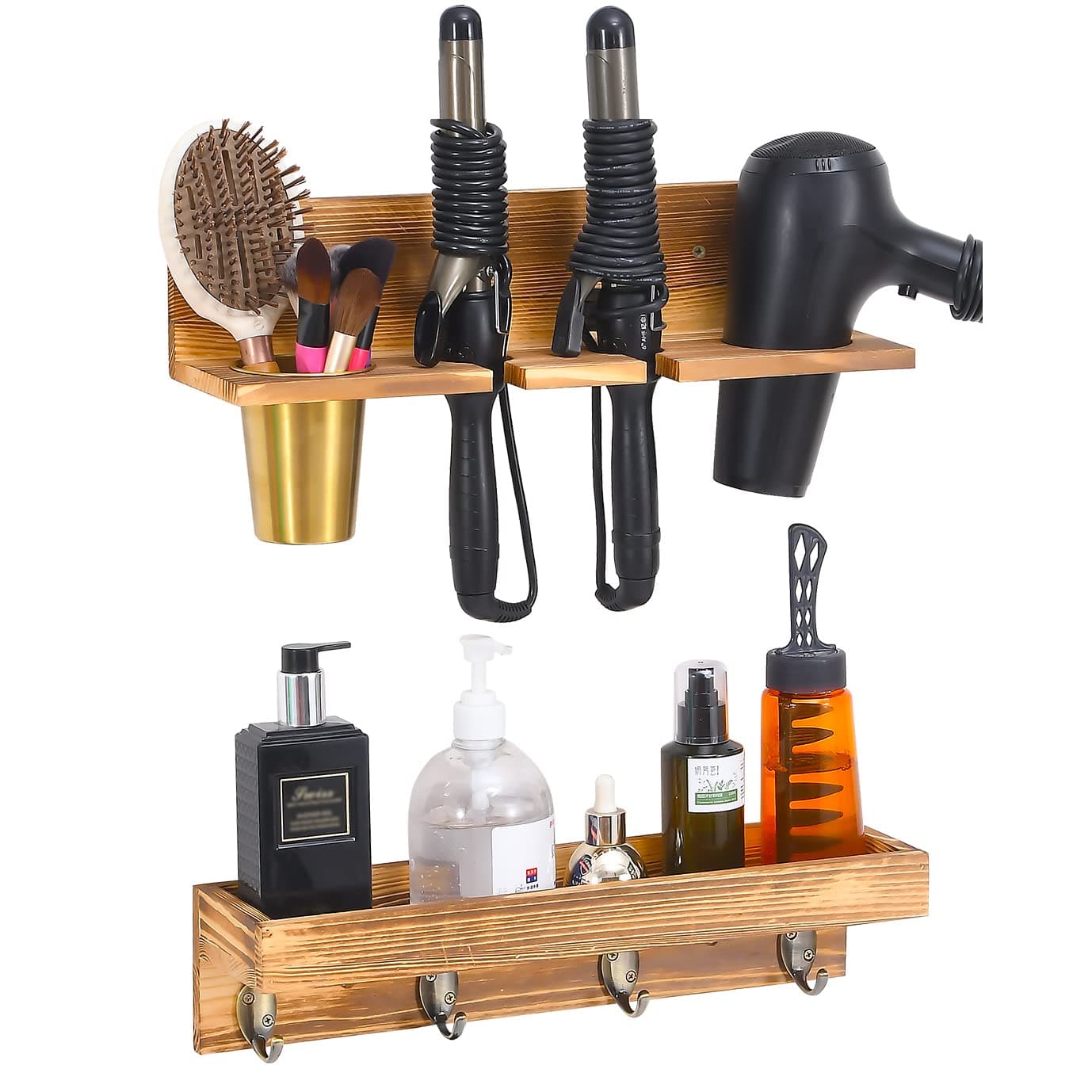 Wooden Wall Mounted Hair Tool Organizer Multi-Compartment