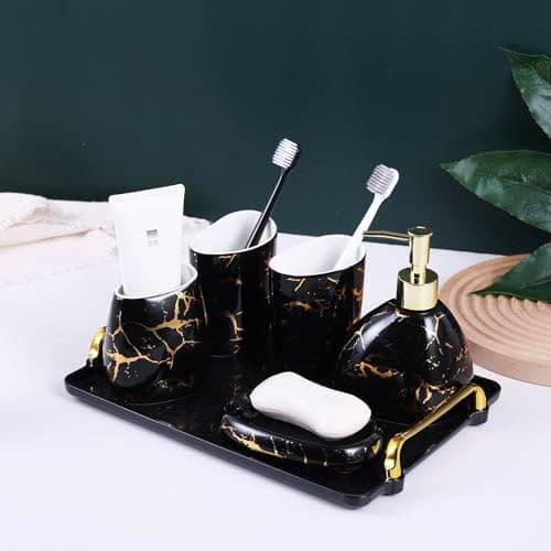 XYQXYQ Marble Look Bathroom Accessories Set, 6-Piece with Tray