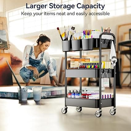 YASONIC 3-Tier Metal Rolling Cart with Cups and Hooks