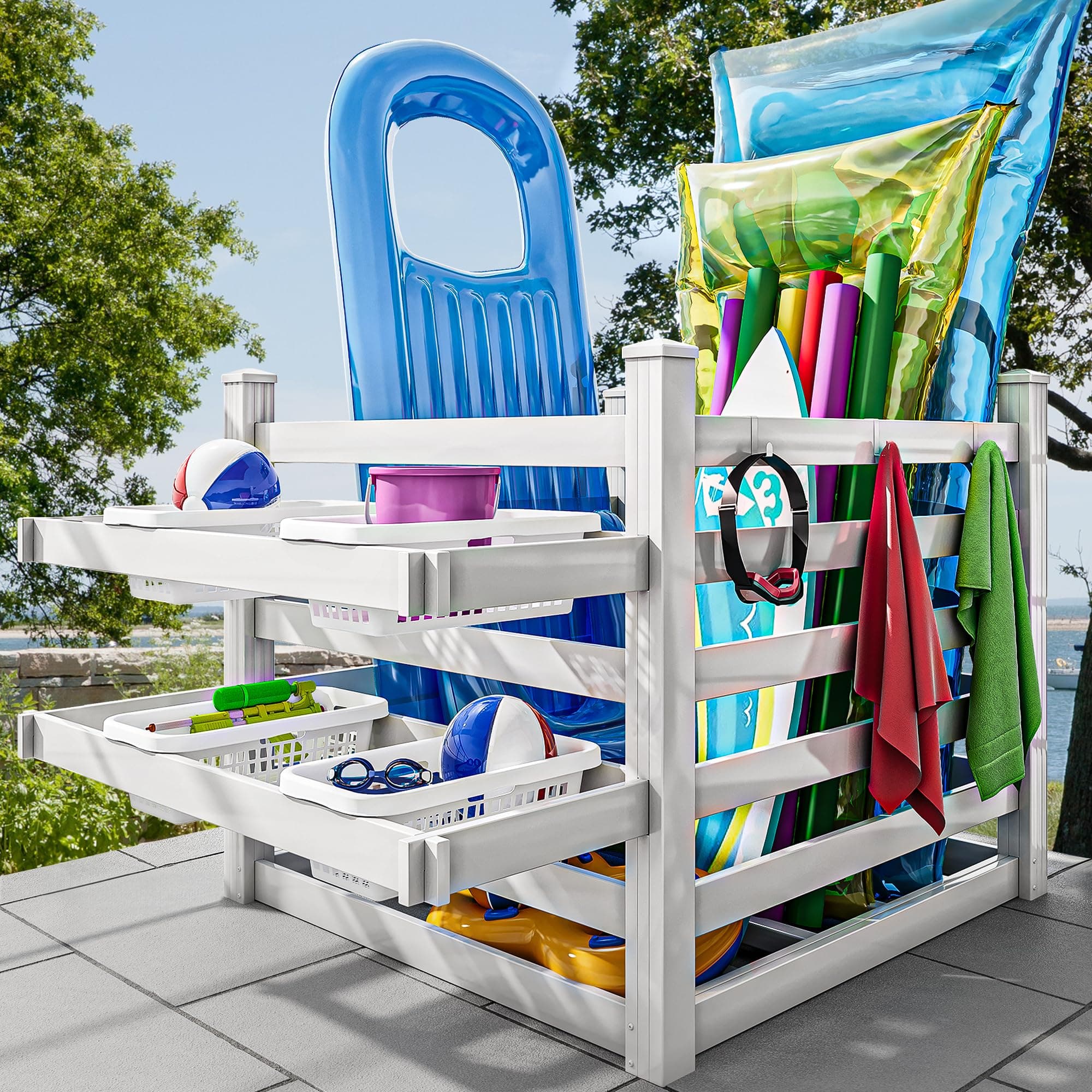 YITAHOME Pool Storage Bins with Towel Rack and 6 Moveable Hooks, Large